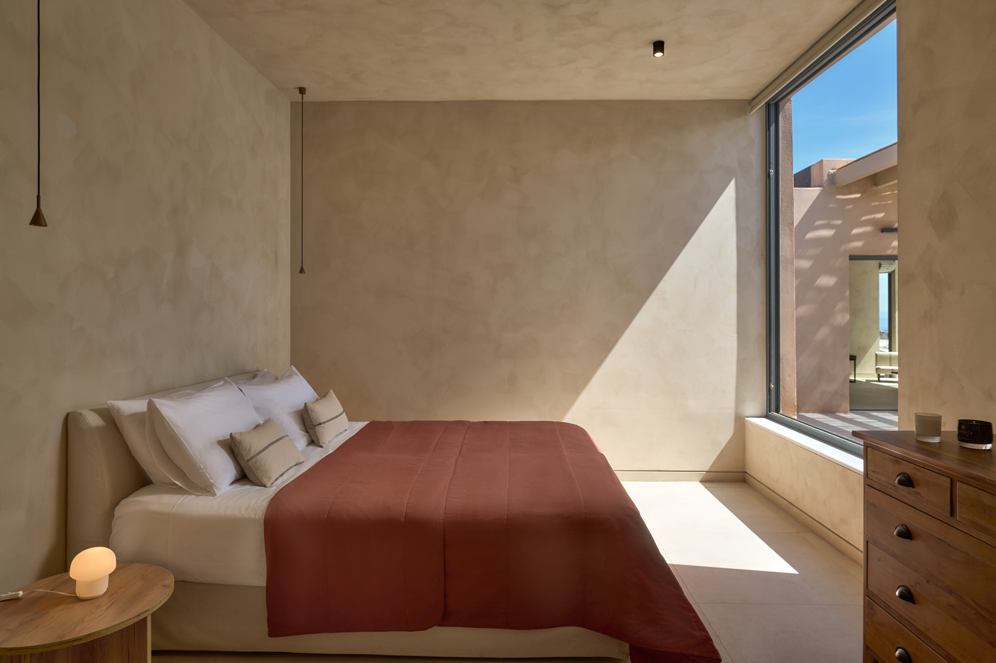 The iconic bedroom of the "3rd suite", features two single beds & can be king size 1.80x.2.00 upon request by adding a topper mattress.